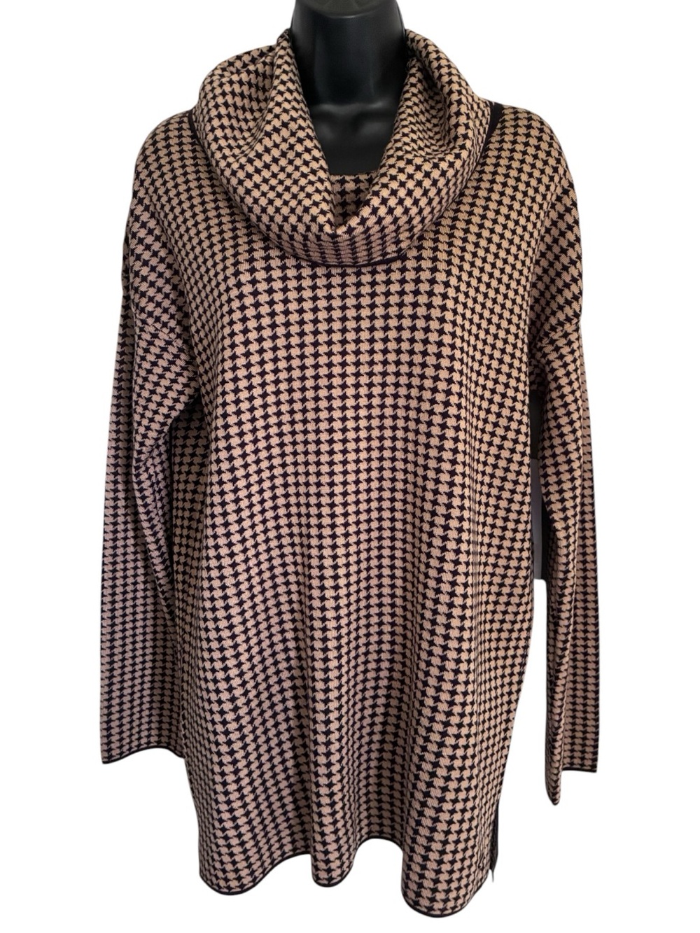 NWT Calvin Klein Beige Black Houndstooth Quiet Luxury Office Sweater Tunic Sz M